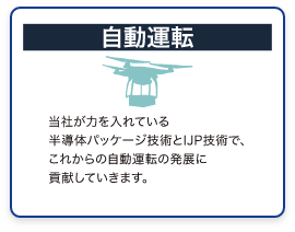 自動運転　当社が力を入れている半導体パッケージ技術とIJP技術で、これからの自動運転の発展に貢献していきます。