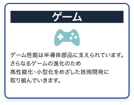 ゲーム　ゲーム性能は半導体部品に支えられています。さらなるゲームの進化のため高性能化・小型化をめざした技術開発に取り組んでいきます。