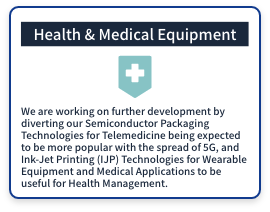 (Health & Medical Equipment) We are working on further development by diverting our Semiconductor Packaging Technologies for Telemedicine being expected to be more popular with the spread of 5G, and Ink-Jet Printing (IJP) Technologies for Wearable Equipment and Medical Applications to be useful for Health Management.
