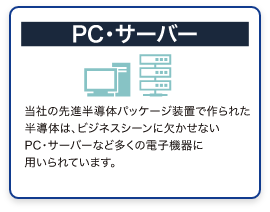 PC・サーバー　当社の先進半導体パッケージ装置で作られた半導体は、ビジネスシーンに欠かせないPC・サーバーなど多くの電子機器に用いられています。