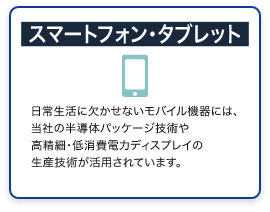 スマートフォン　日常生活に欠かせないモバイル機器には、当社の半導体パッケージ技術や高精細・低消費電力ディスプレイの生産技術が活用されています。