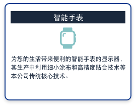 智能手表　为您的生活带来便利的智能手表的显示器，其生产中利用细小涂布和高精度贴合技术等本公司传统核心技术。